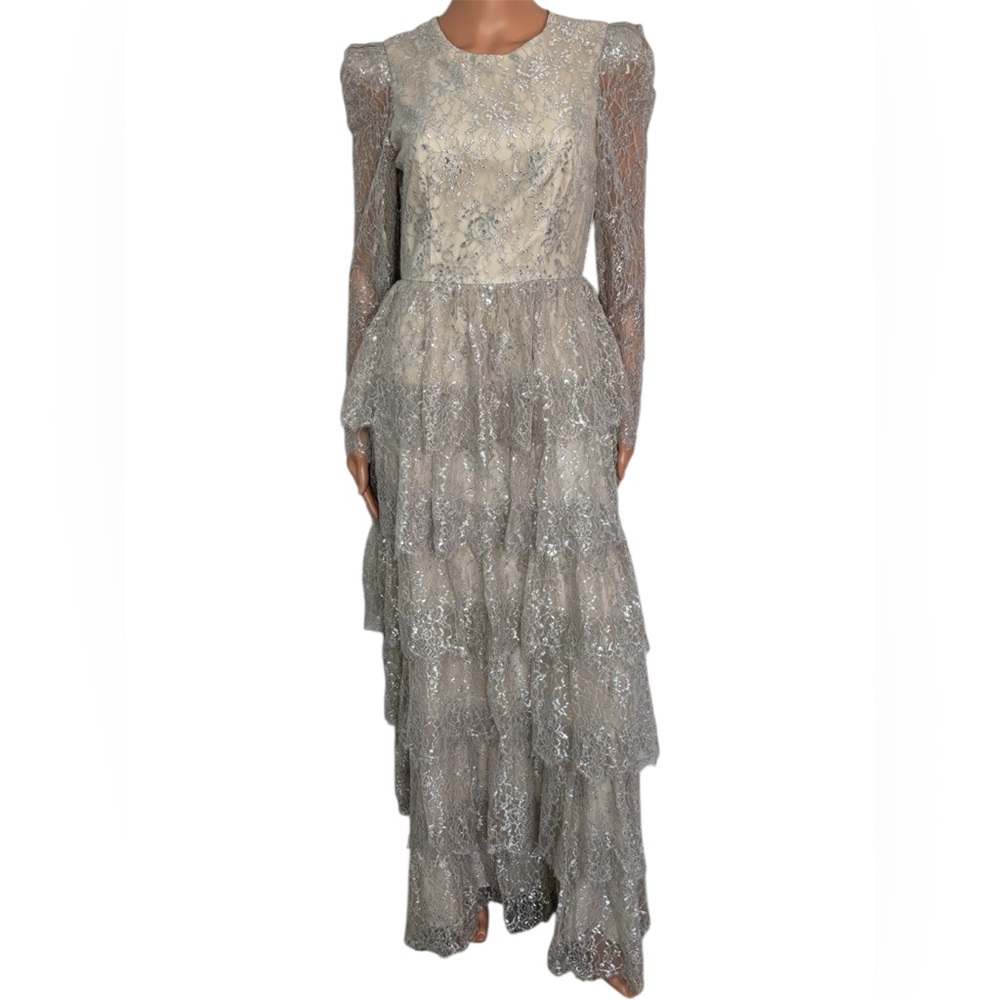 ANTONIO MELANI Metallic Lace Ruffled Maxi Gown Size 4 - Picture 2 of 6